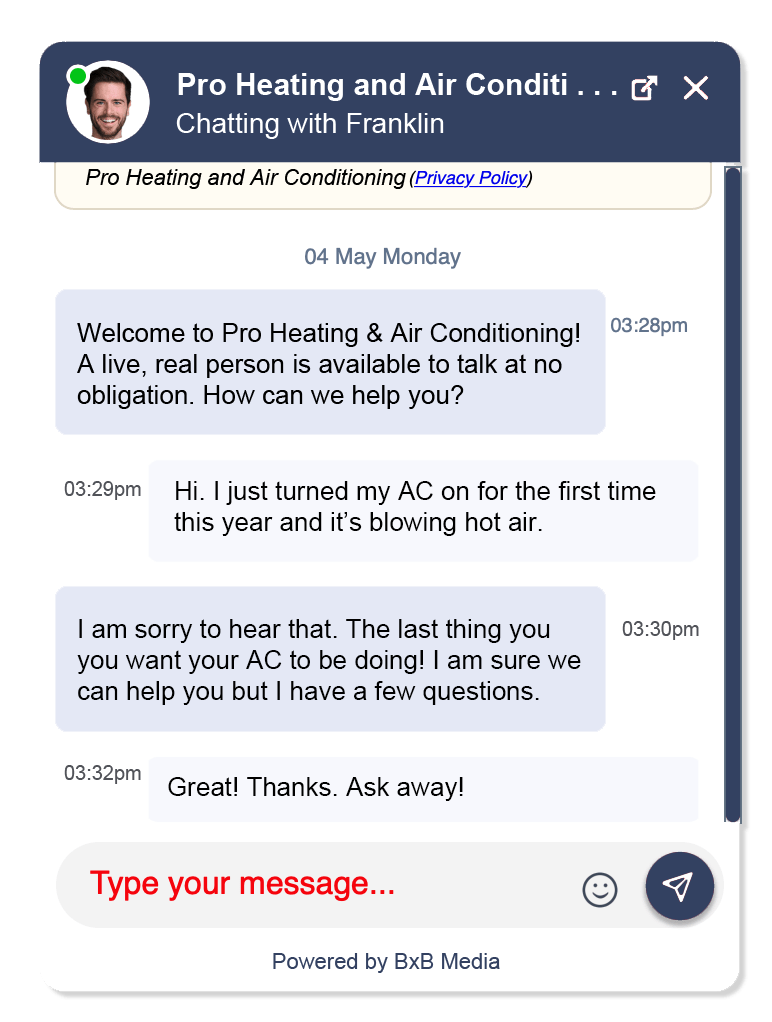 BxB Chat popup demo.